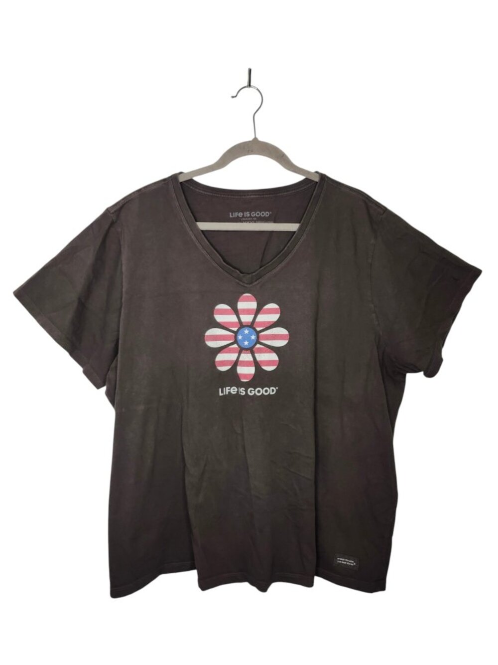 Life Is Good Black Gray Patriotic Floral Graphic Short Sleeved V neck Tee XXXL